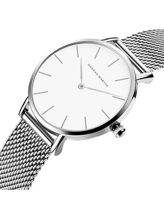 Womens Silver Analog Stainless Steel Mesh Strap Minimalist Slim Dial Round Watch main image 5